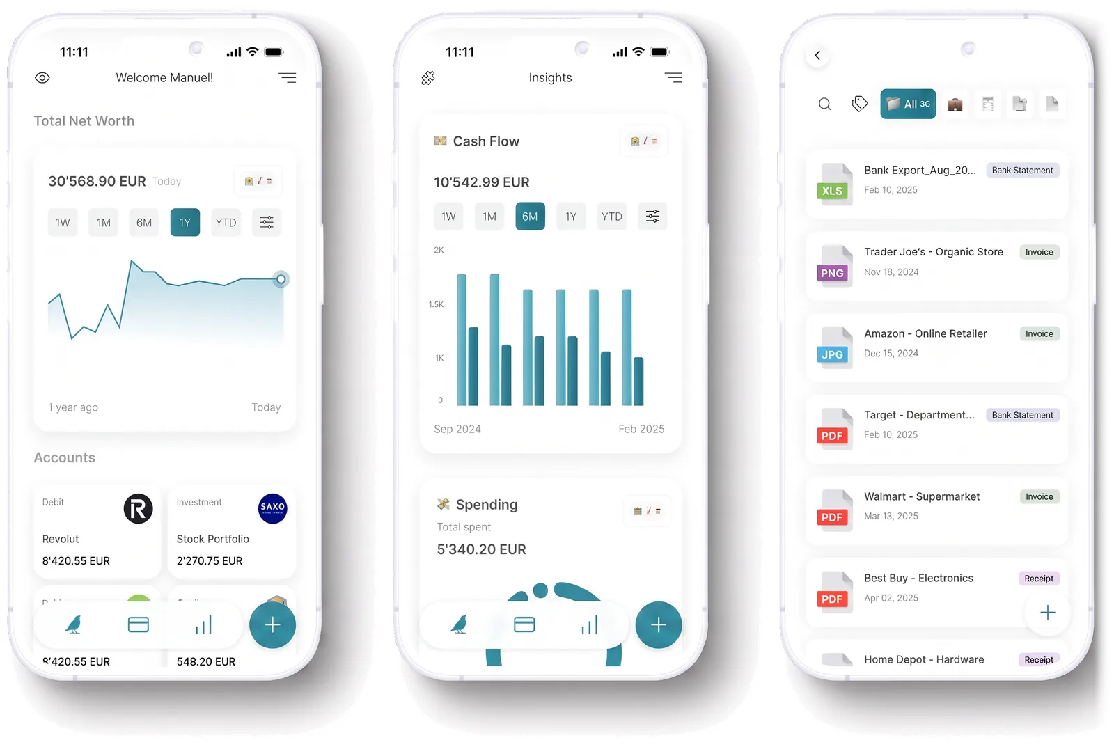 Finch app screens showing accounts, insights and transactions